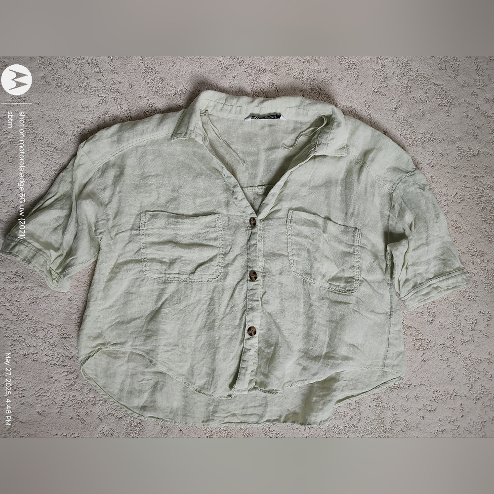 Women Casual 100% Linen Shirt Light Green Size Medium Collared